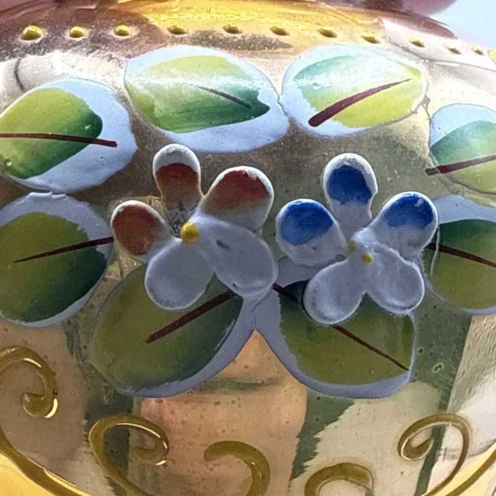 Vase Nasco Amber Glass Hand Painted Raised Enamel Flowers Gilt 6.25” - Picture 2 of 9